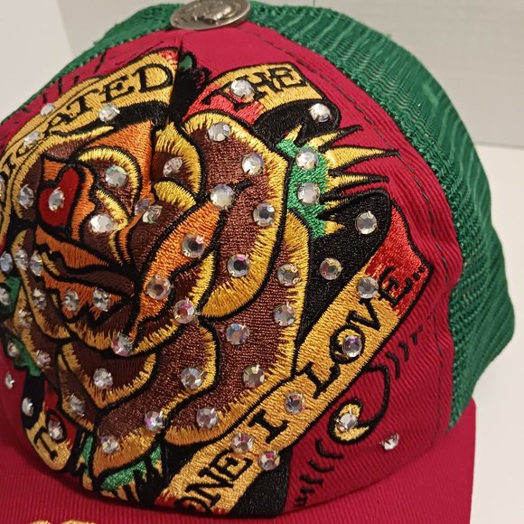Ed Hardy vintage cap AB rinestones  embroidery big rose os fit all new - Picture 8 of 9